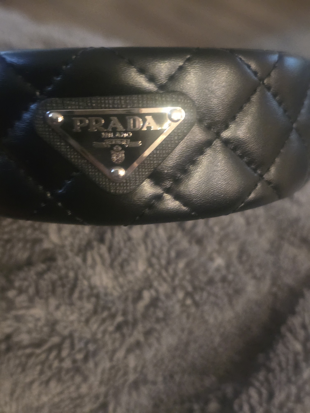 Prada Black Quilted Leather Headband with Silver Logo Plaque